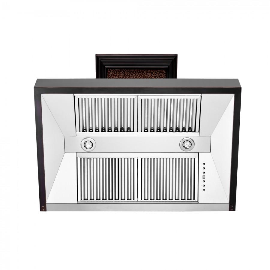 Wall range hood front panel with vertical vent grille and round control knobs