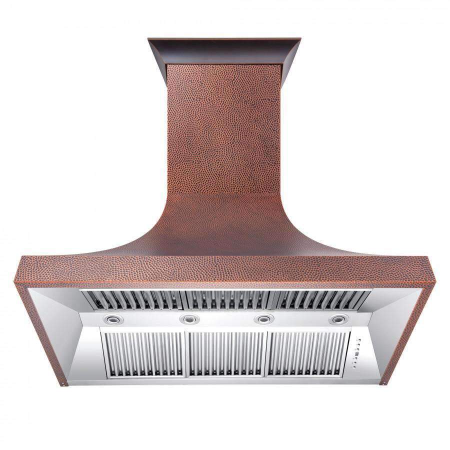 Copper hammered-finish wall range hood with stainless vent filters and front controls