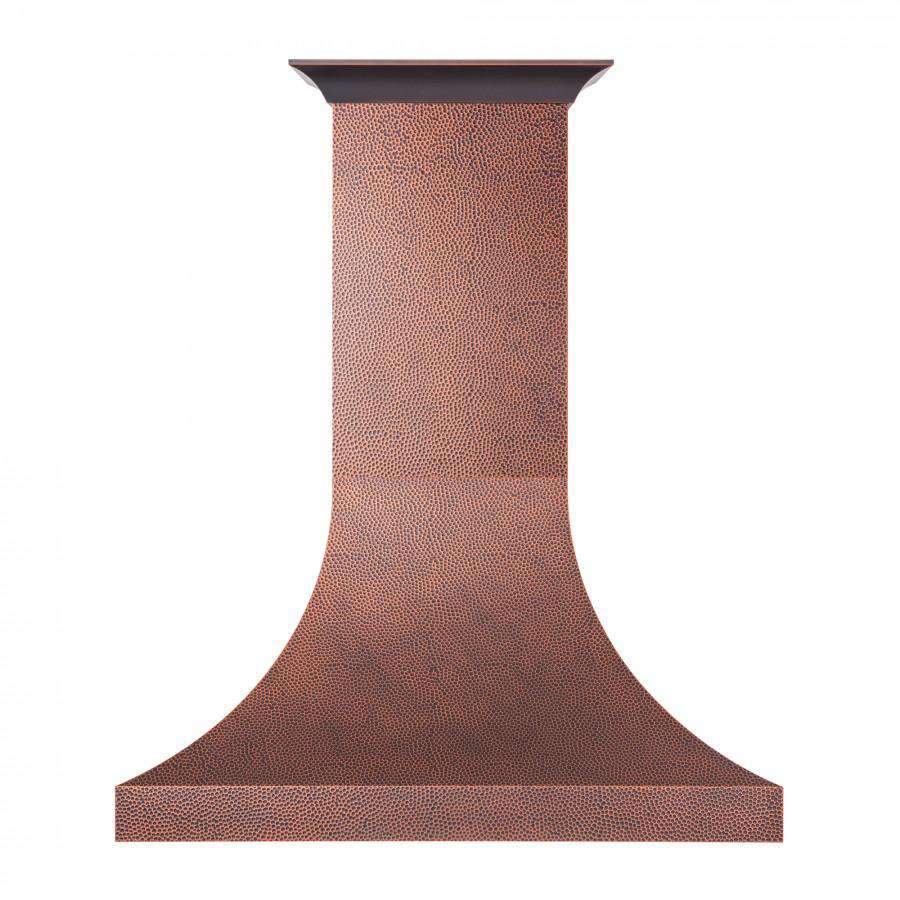 Copper hammered-finish wall range hood chimney with wide flared canopy