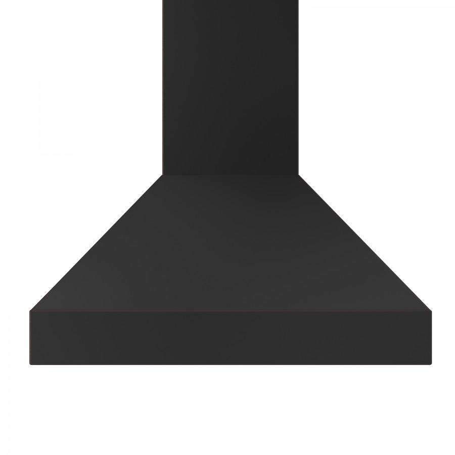 Matte black canopy wall range hood chimney with flared bottom, studio product profile