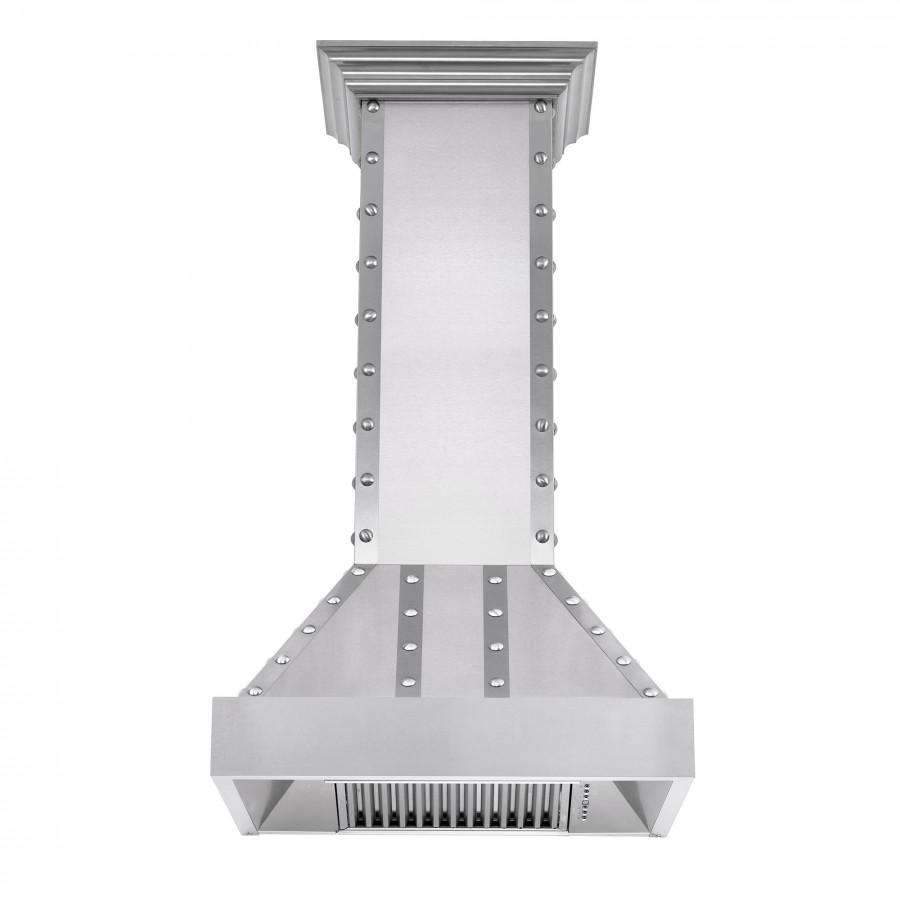 Stainless wall range hood with chimney stack and front baffle filter grille