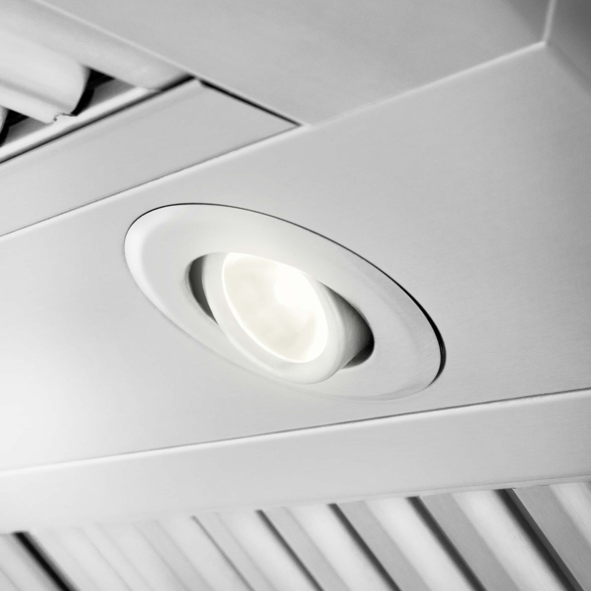 Satin stainless steel recessed light with round bezel and surrounding control panel