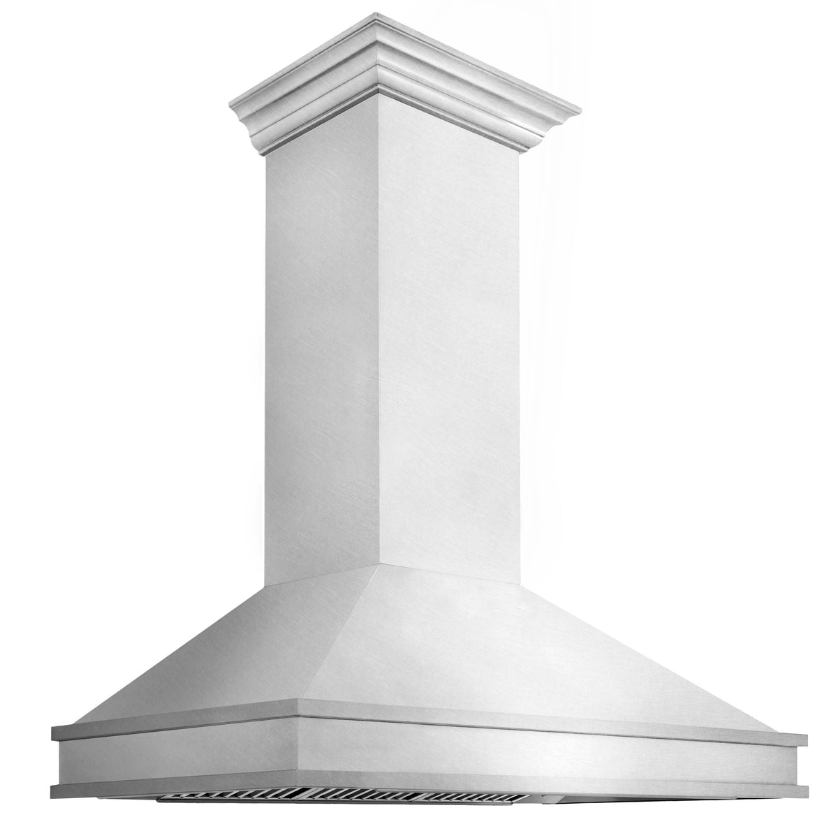 Stainless steel wall-mount chimney range hood with decorative crown and wide canopy