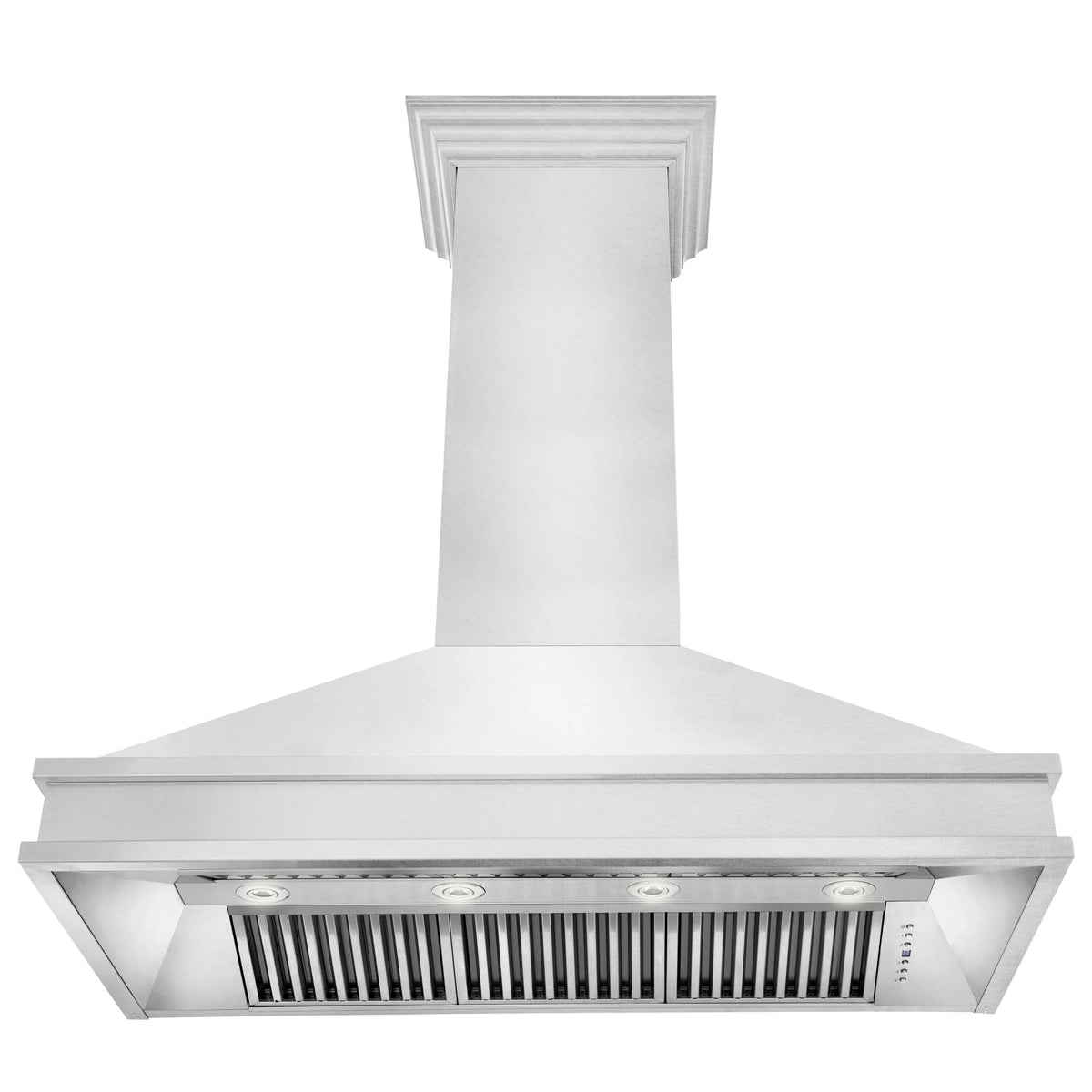Stainless steel chimney range hood with vented underside and decorative trim