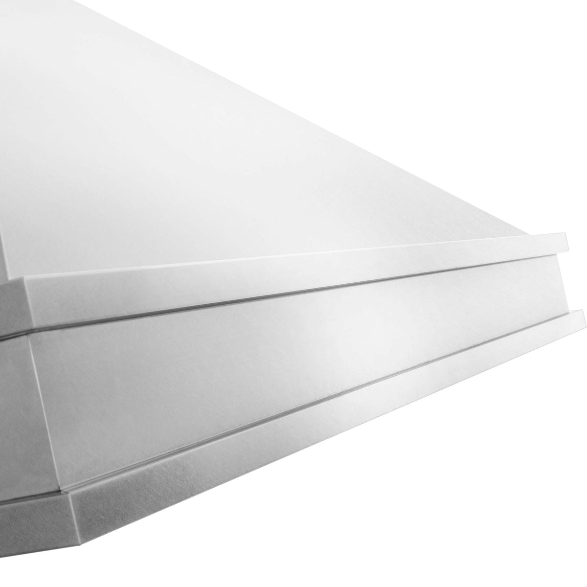Satin stainless steel chimney hood with stacked side panels and trim edge detail