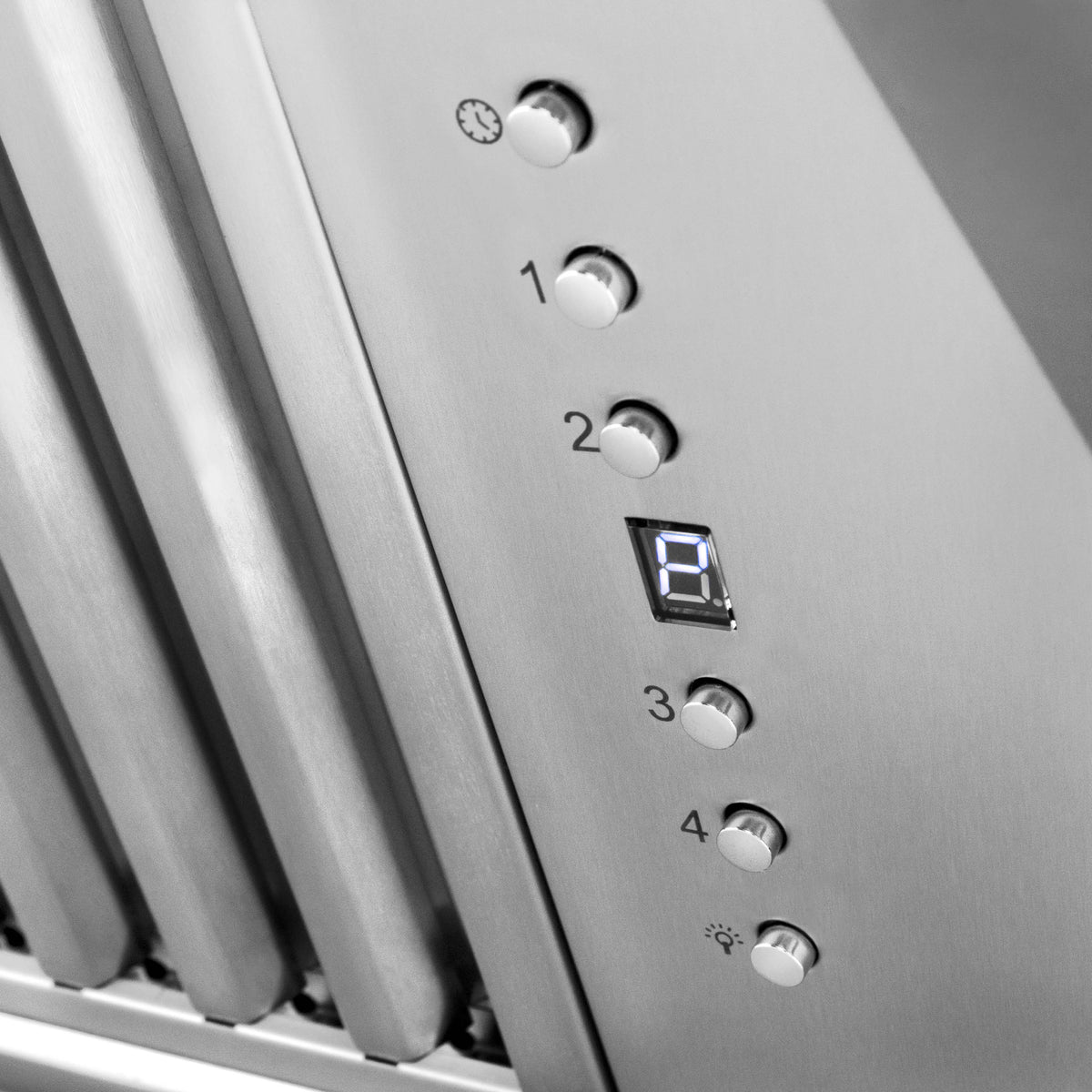 Satin stainless steel wall-mount range hood control panel with four numbered knobs