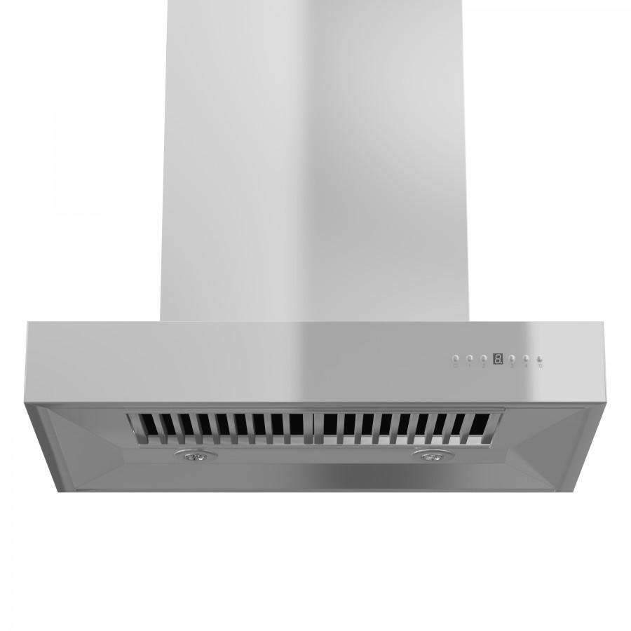 Stainless steel ducted range hood underside with vent grille and controls