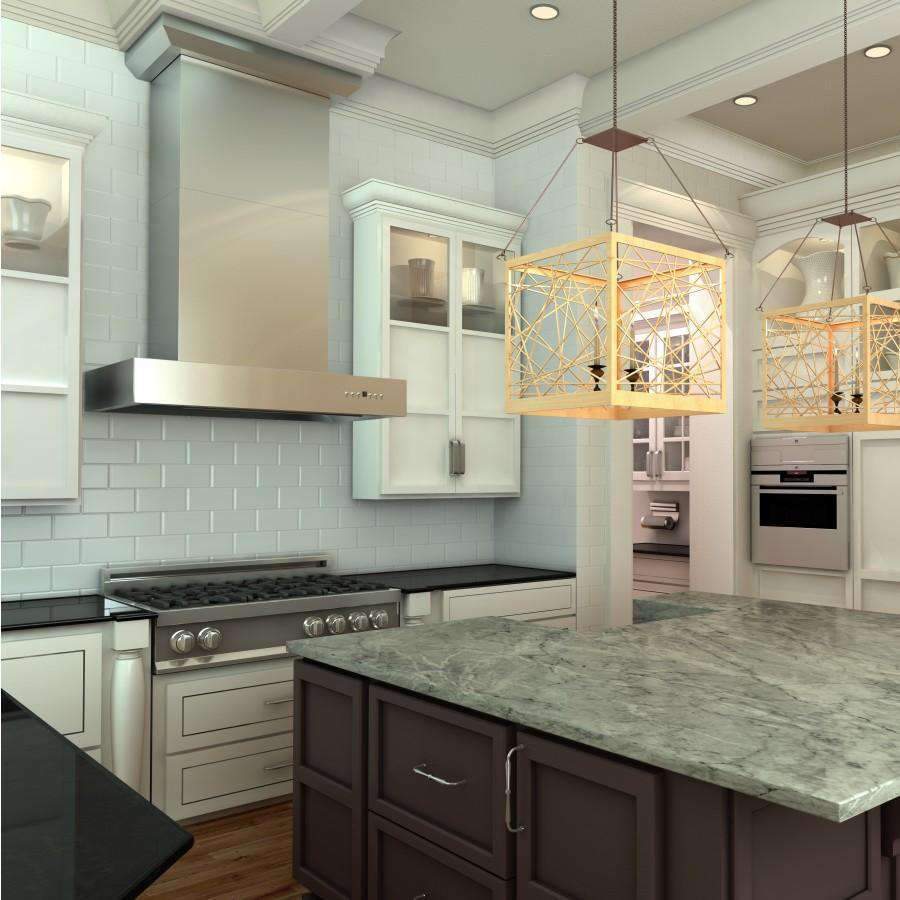 Stainless steel wall mount ducted range hood above kitchen cooktop