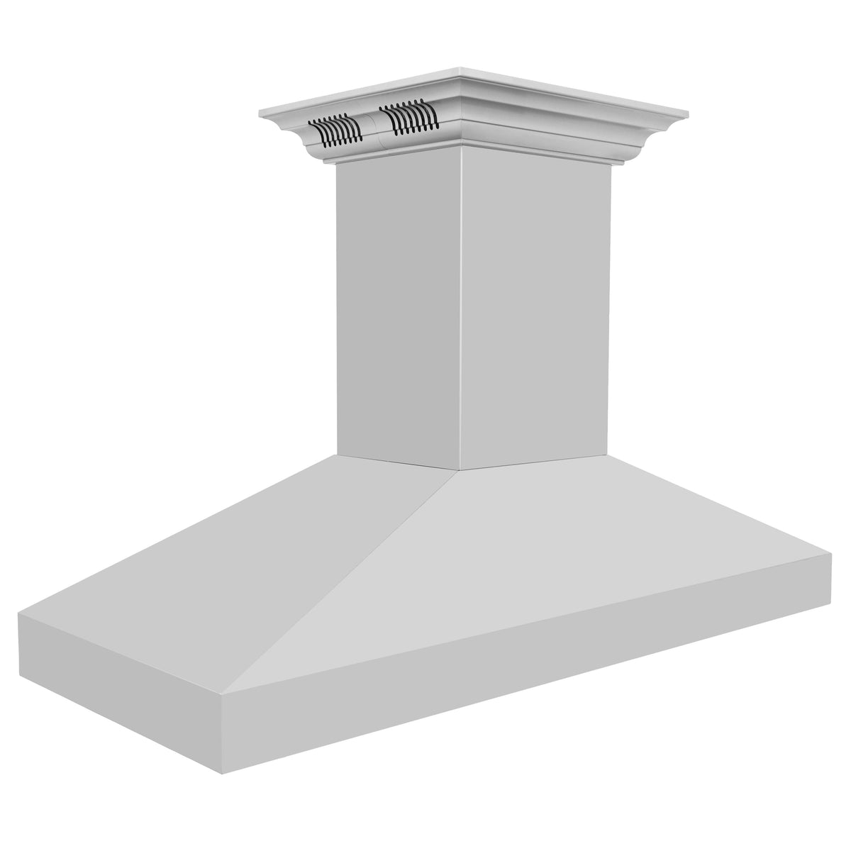 Island range hood chimney with vent openings on the underside of the canopy