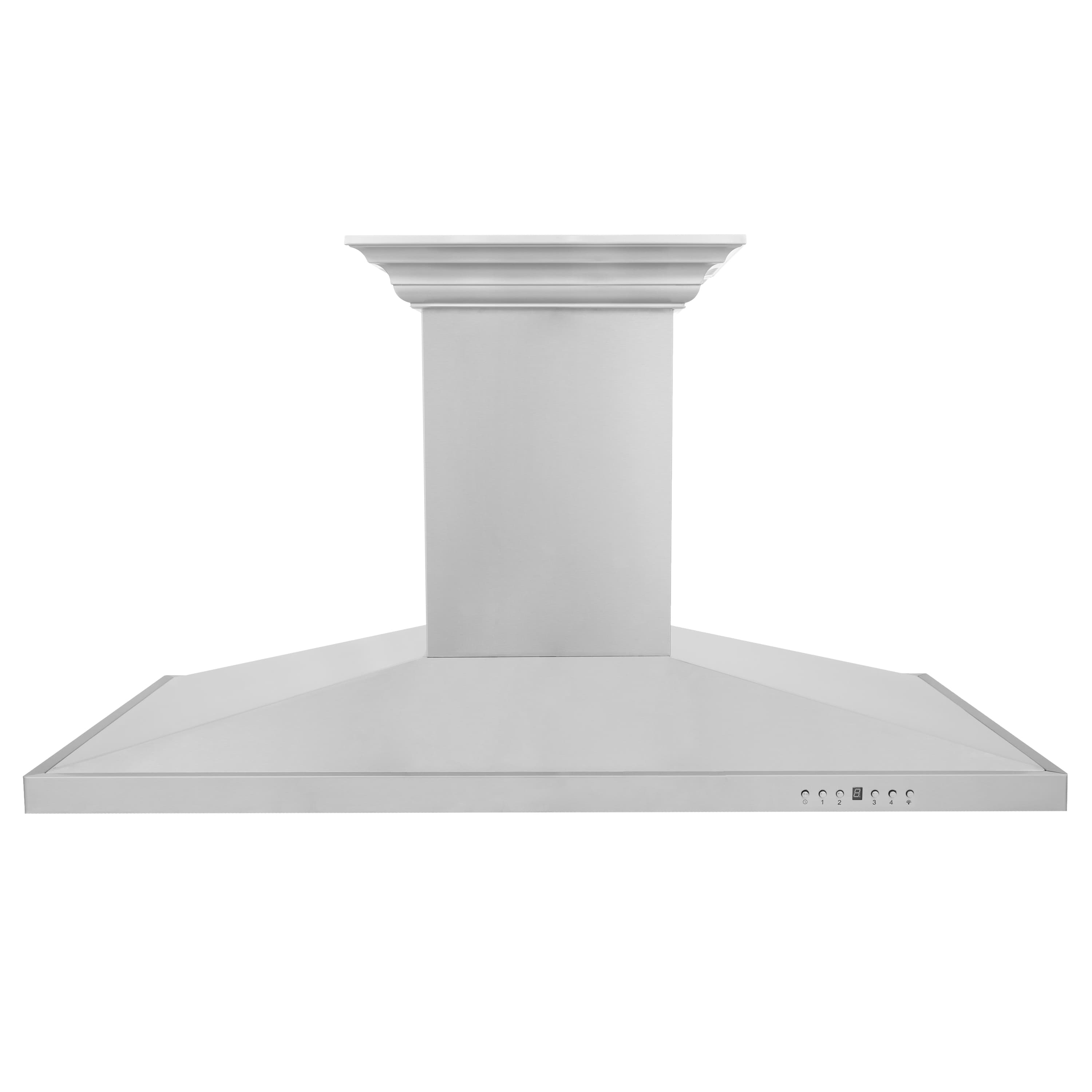 Stainless steel island range hood with decorative crown top and slim control panel
