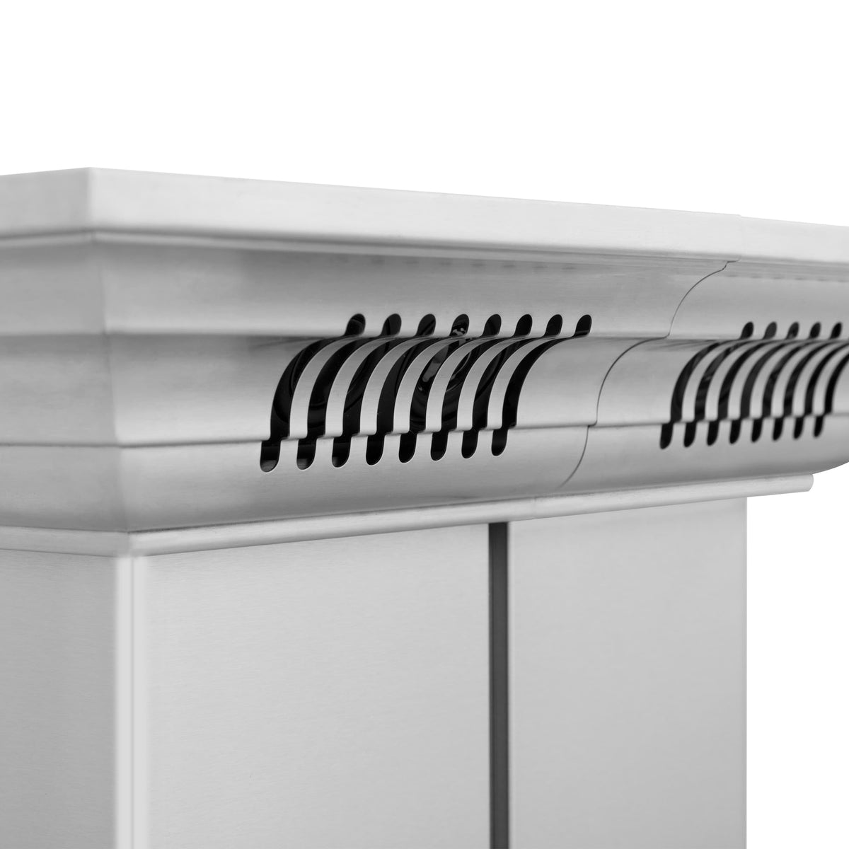 Ducted island range hood vent with fan grilles and stainless steel canopy underside