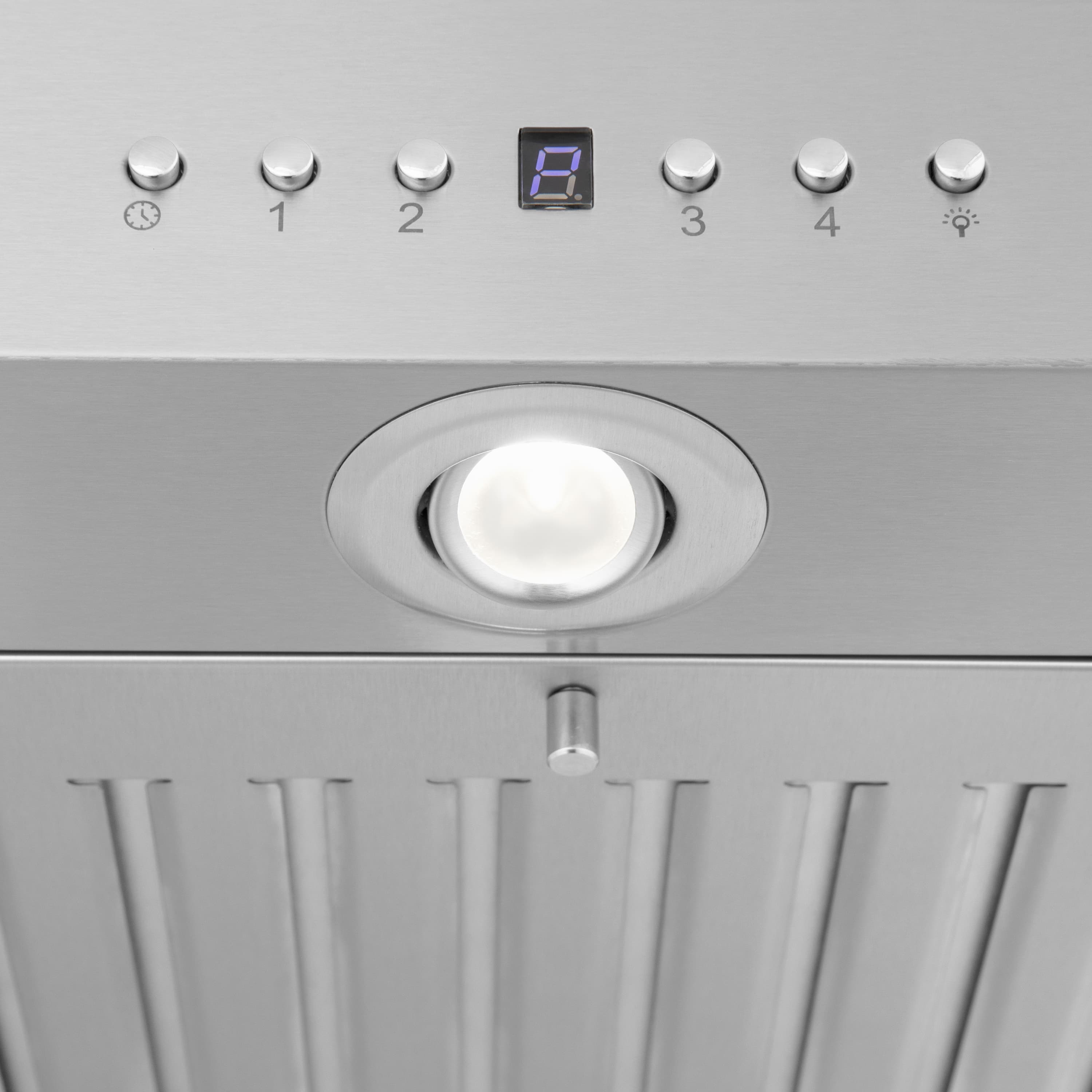 Stainless steel island range hood control panel with circular downlight and knobs