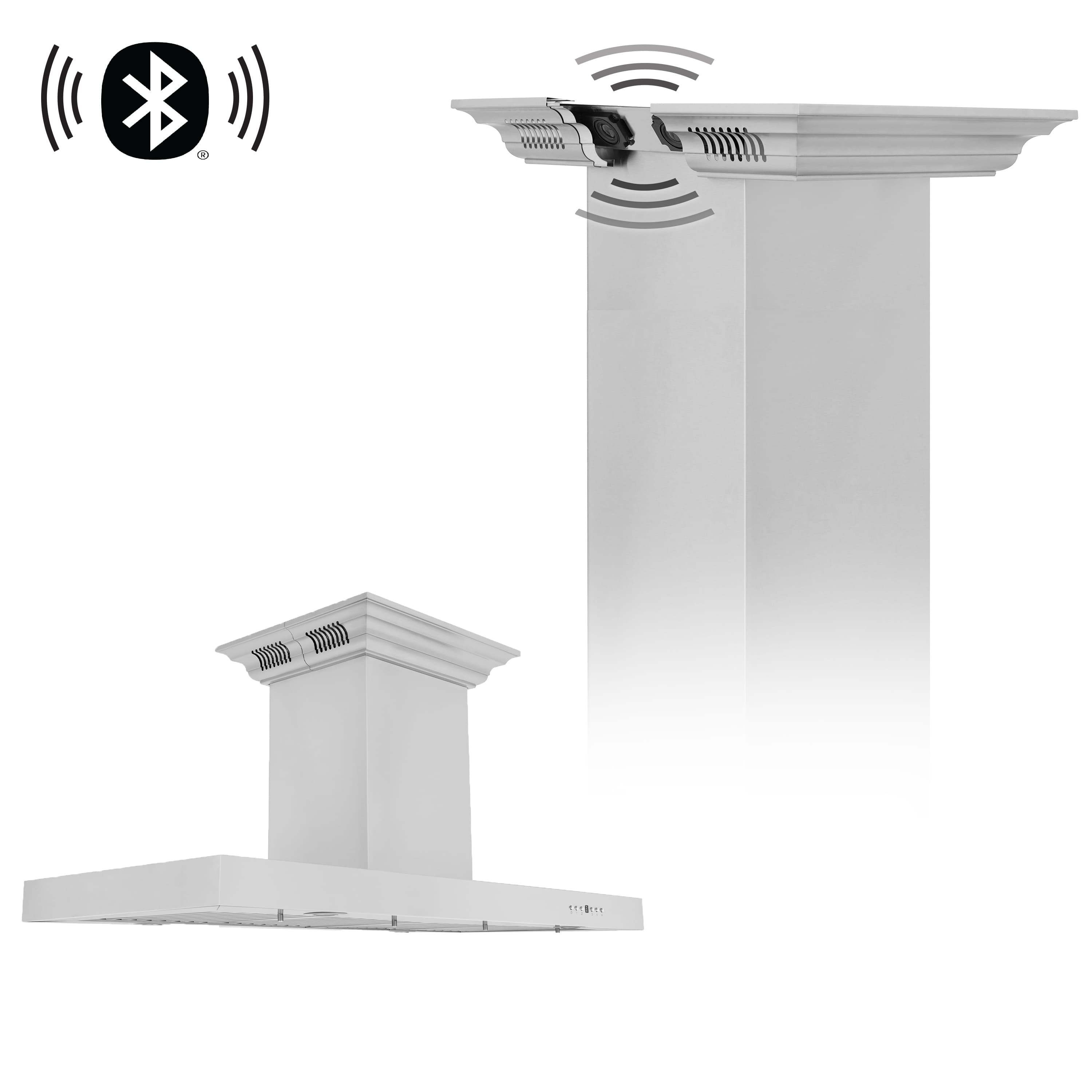 Stainless steel island range hood with built-in Bluetooth speaker icons on chimney