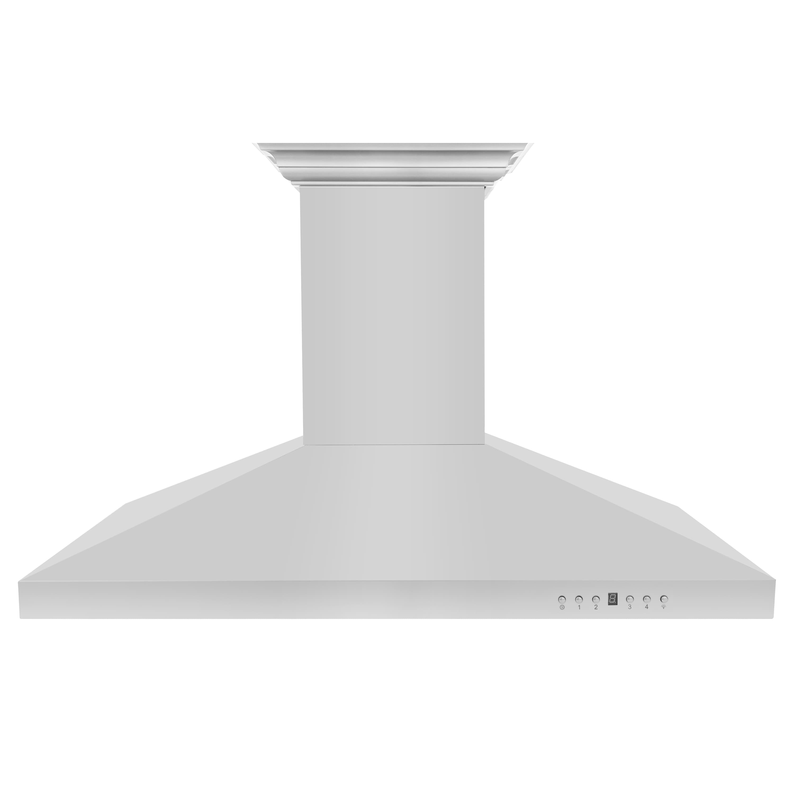 Stainless steel ducted island range hood front view