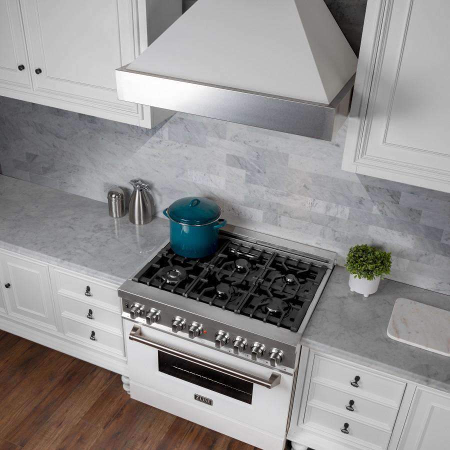 Wall-mount range hood with white matte top shell and stainless underside vent