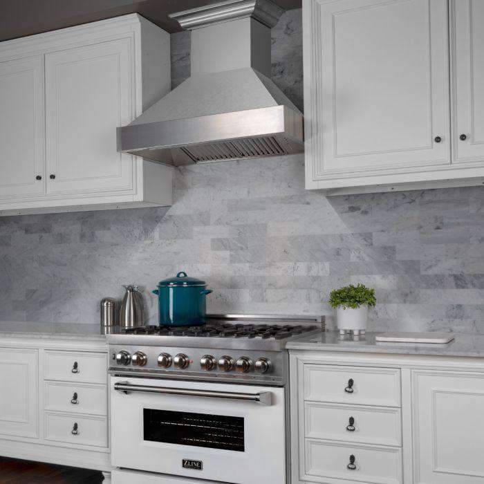 Satin stainless steel wall-mount chimney range hood with tall duct and vent slots