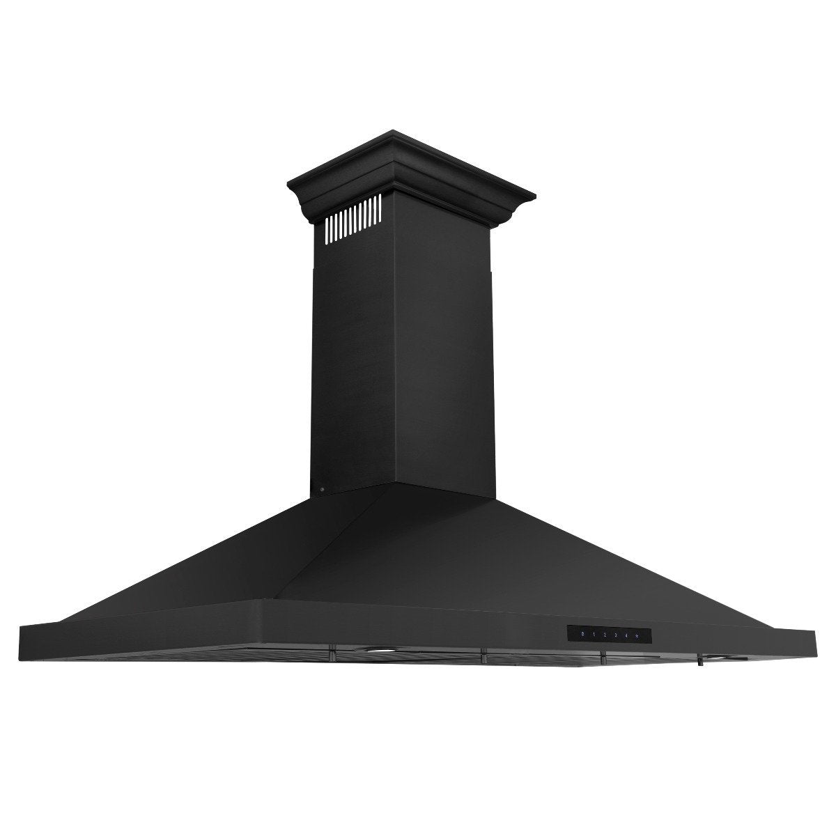 Black stainless steel convertible wall mount range hood with crown molding and vent grille