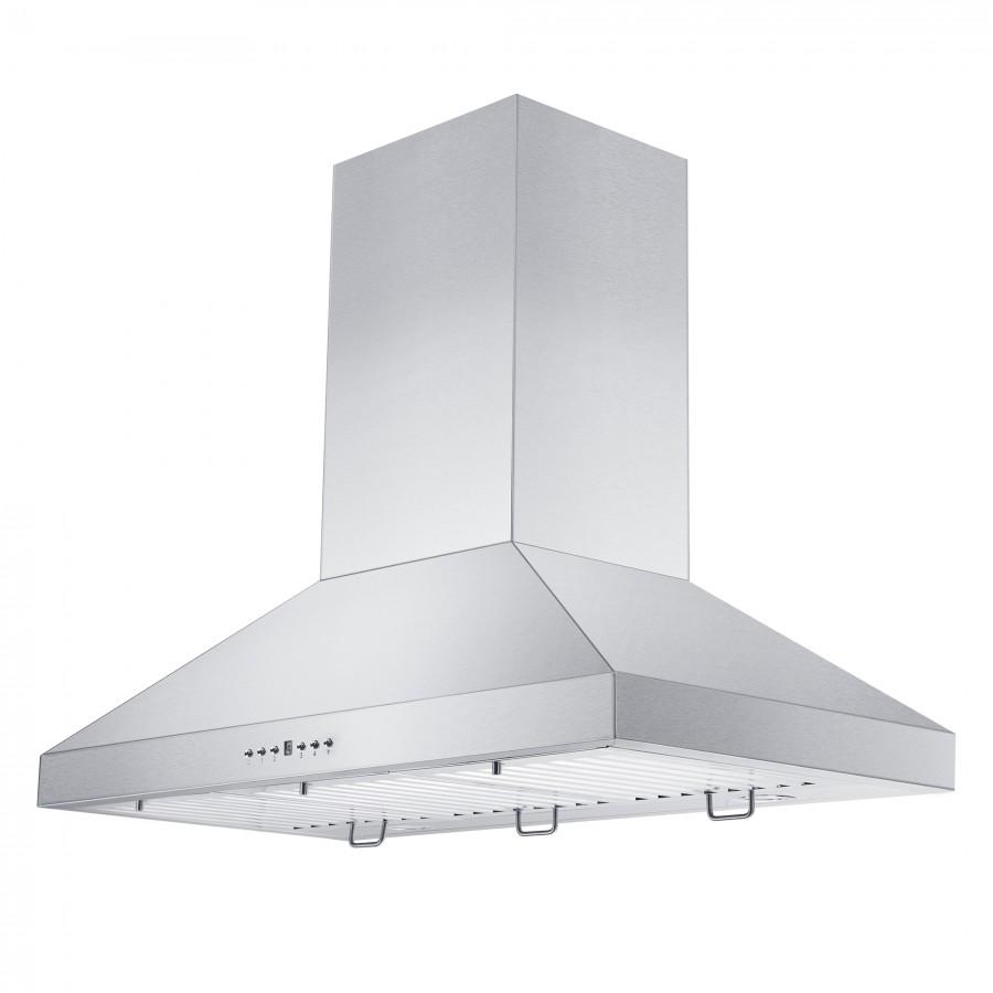 Stainless steel wall range hood canopy with underside baffle filter tray and control icons