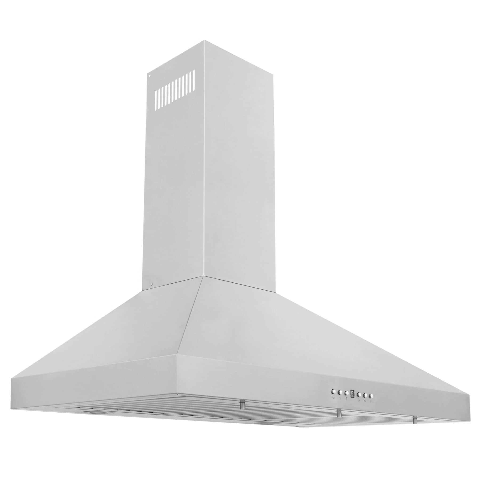 Stainless steel wall range hood with tall chimney and wide canopy, front vent opening