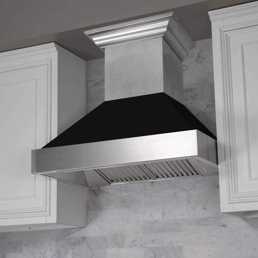 Wall-mounted ducted range hood with stainless baffle and black chimney top