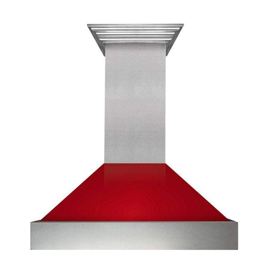 Wall-mounted stainless chimney hood with red gloss underside