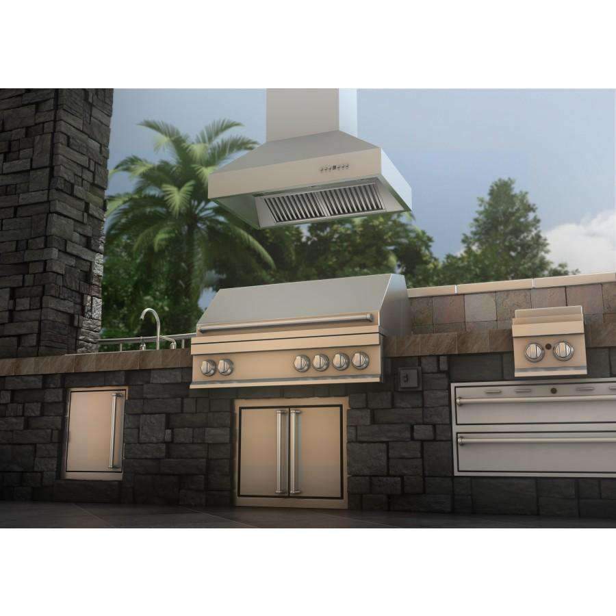 Outdoor stainless steel range hood with chimney and front vent opening