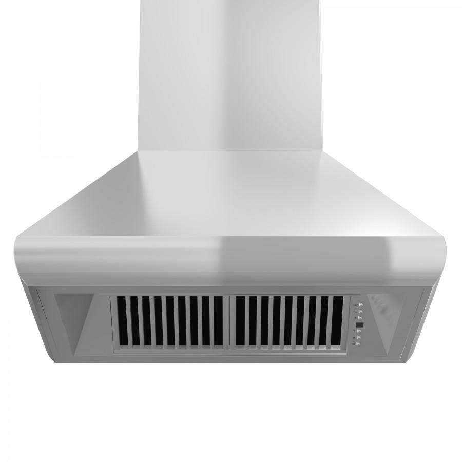 Stainless steel wall range hood with front vent grille and control panel