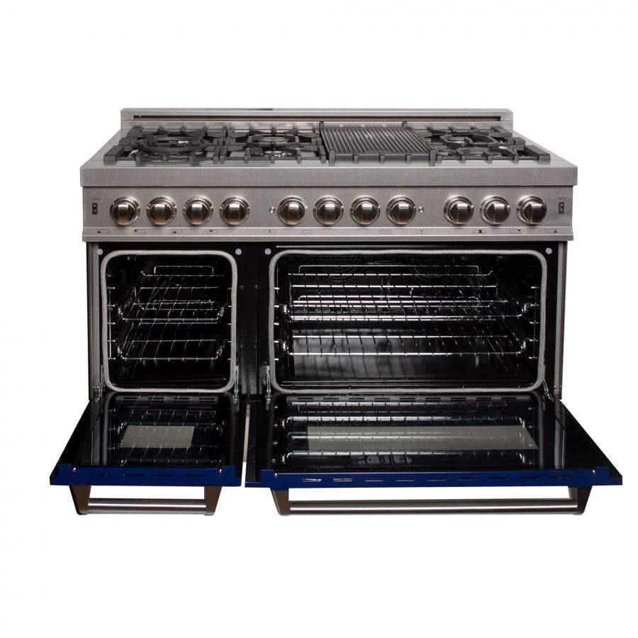 Dual fuel range with stainless frame, blue base, and open black oven compartments
