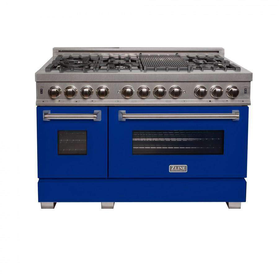 Blue and stainless dual fuel range with closed ovens and front control knobs