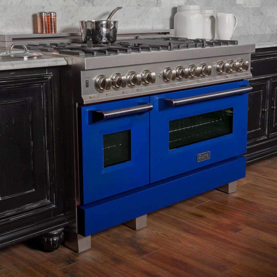 Blue base dual fuel range with stainless steel control panel and double oven doors