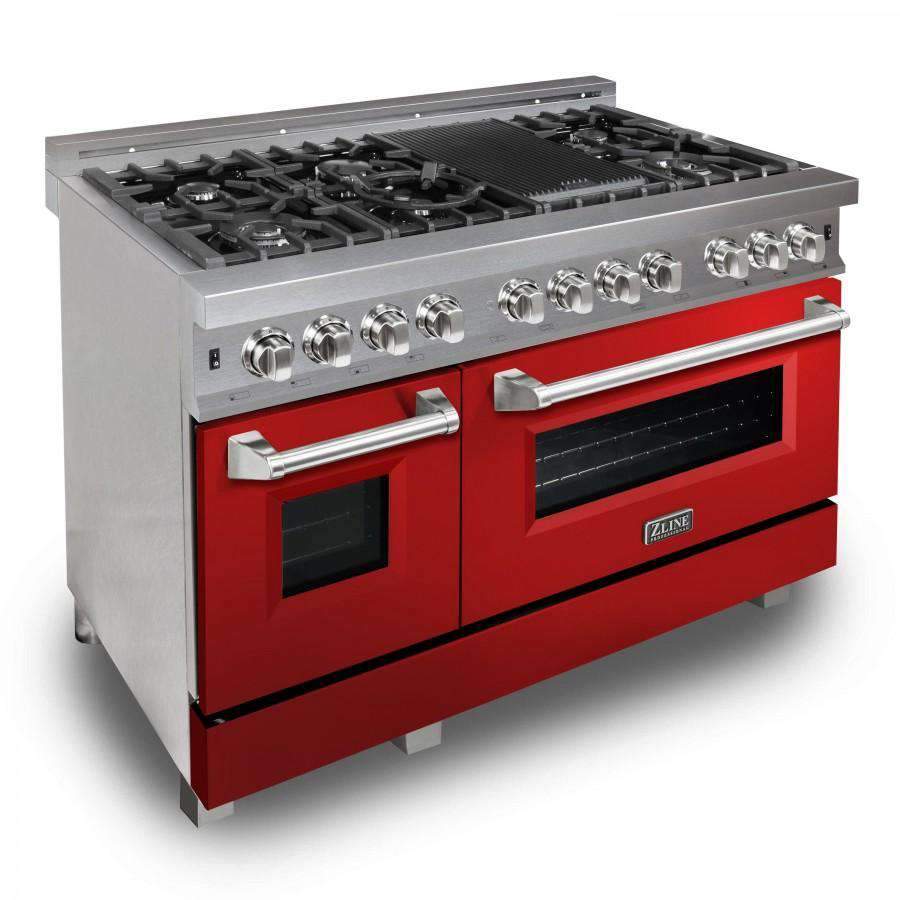 Stainless steel dual-fuel range with black burners, chrome knobs, and red glossy doors