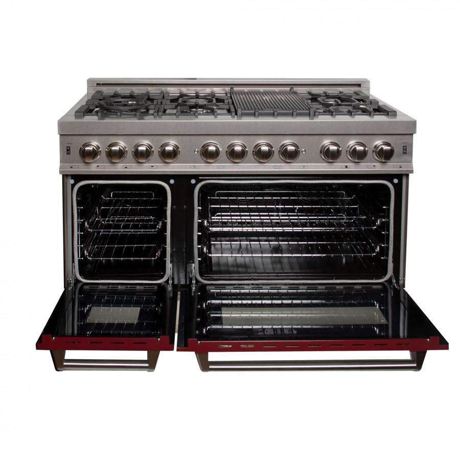 Stainless dual-fuel range with two open ovens, black racks, and red panel trim