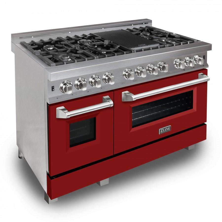 Dual fuel range side angle with stainless control panel, red matte doors, and handles