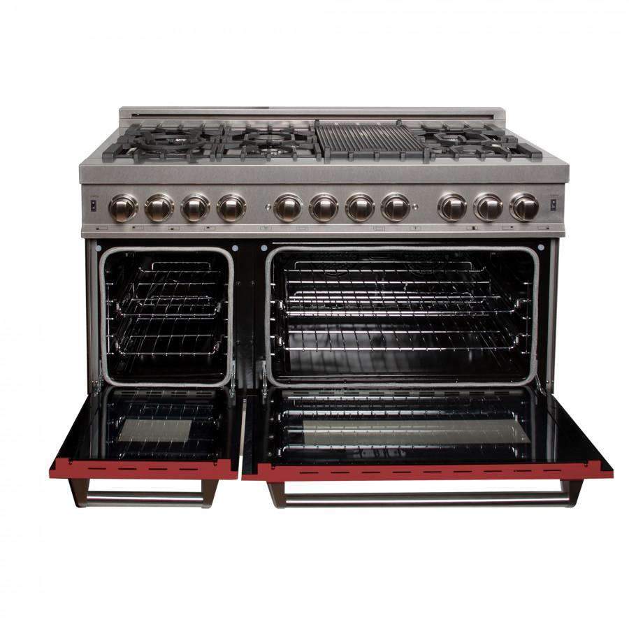 Dual fuel range with two open ovens and stainless interior racks, red storage drawer
