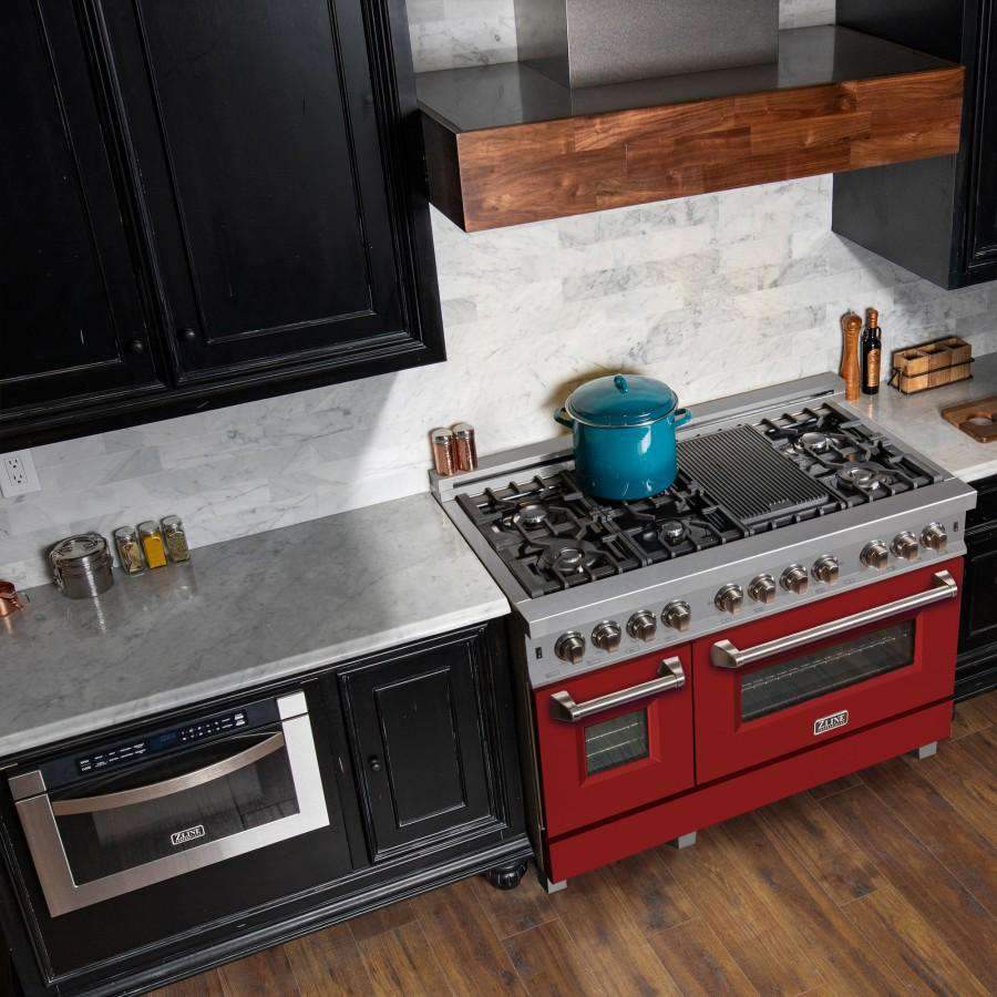 Dual fuel range with stainless steel top, red matte doors, and black control knobs