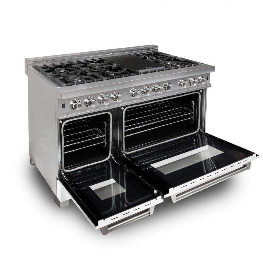 Stainless steel dual fuel range with open oven doors and black burner grates