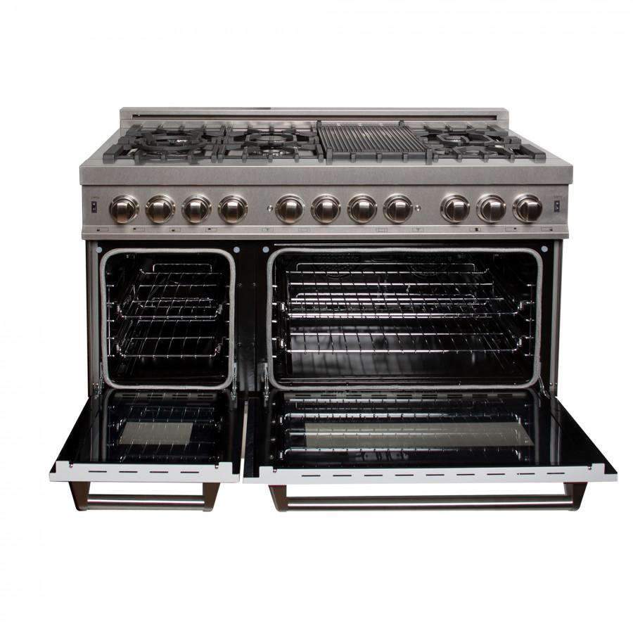 Open stainless steel dual fuel range with two black ovens and front handle bars