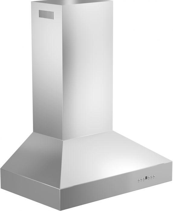 Stainless steel ducted wall-mount range hood with tall chimney and angled canopy