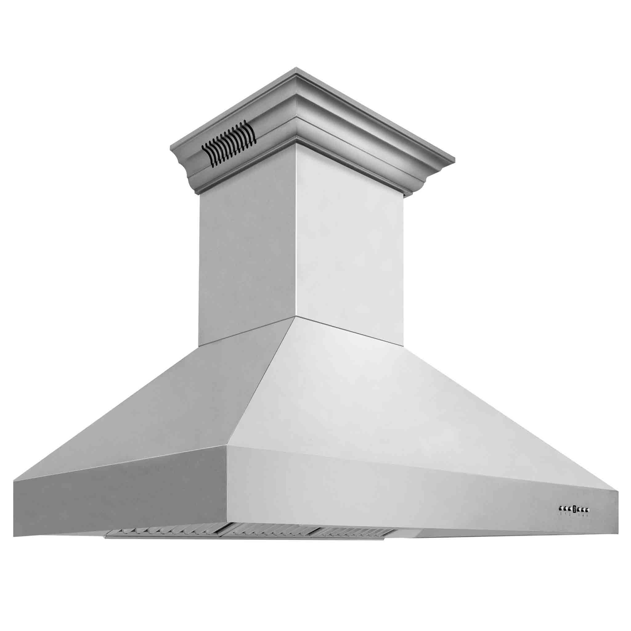 Stainless steel wall mount chimney range hood with side vent grilles and flared canopy.
