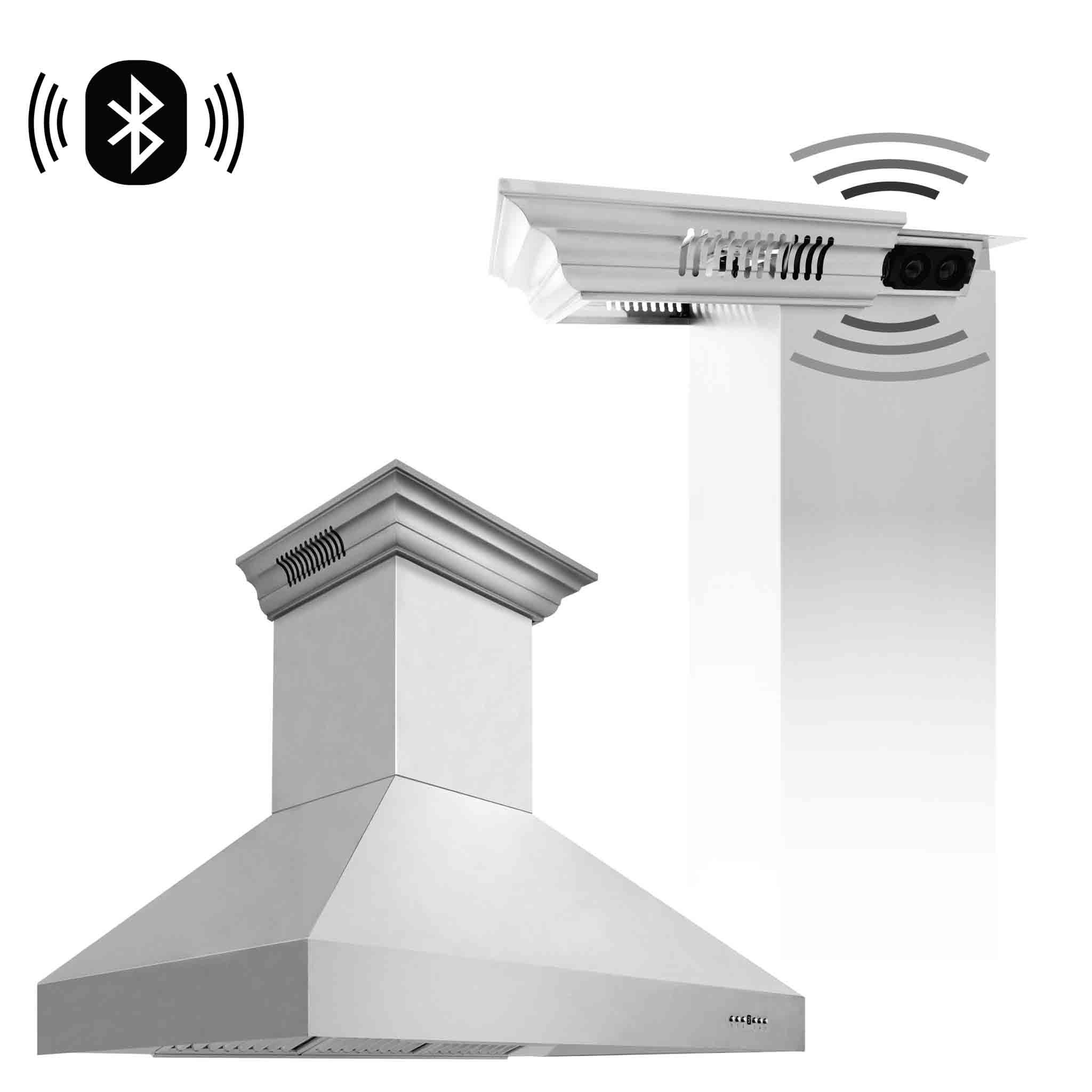 Stainless steel chimney range hood with Bluetooth speaker section and vent canopy.