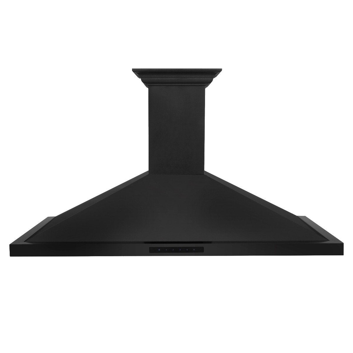 Black wall-mounted range hood with wide canopy and slim control panel strip