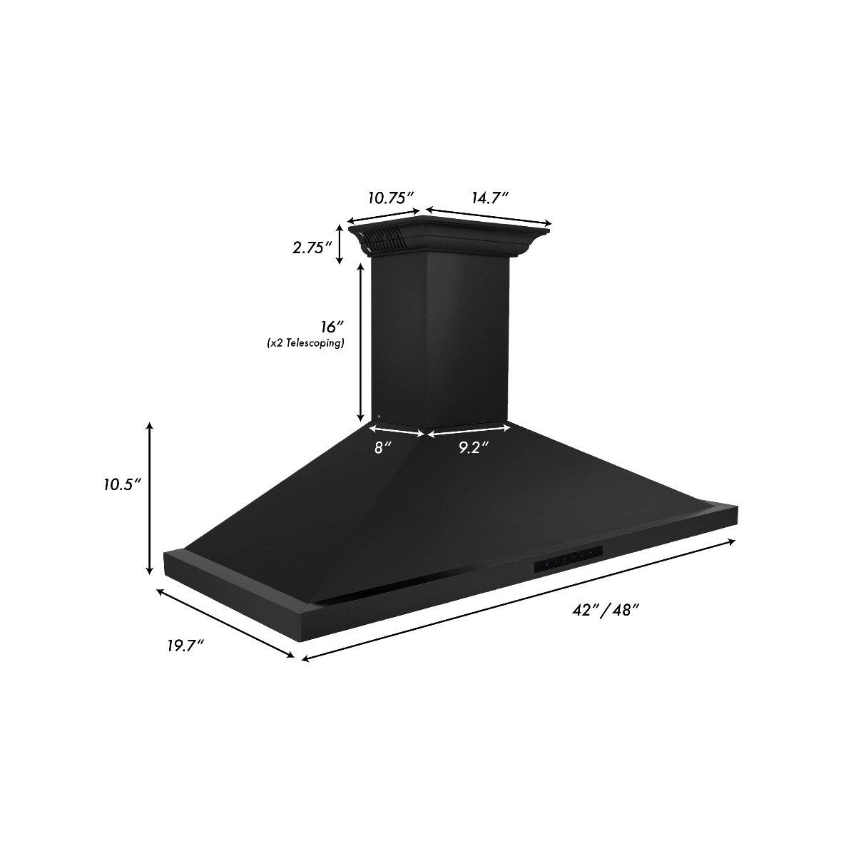 Black range hood dimension diagram with chimney and canopy measurements
