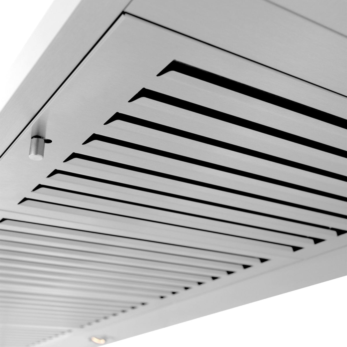 Stainless steel wall mount range hood with angled vent slats