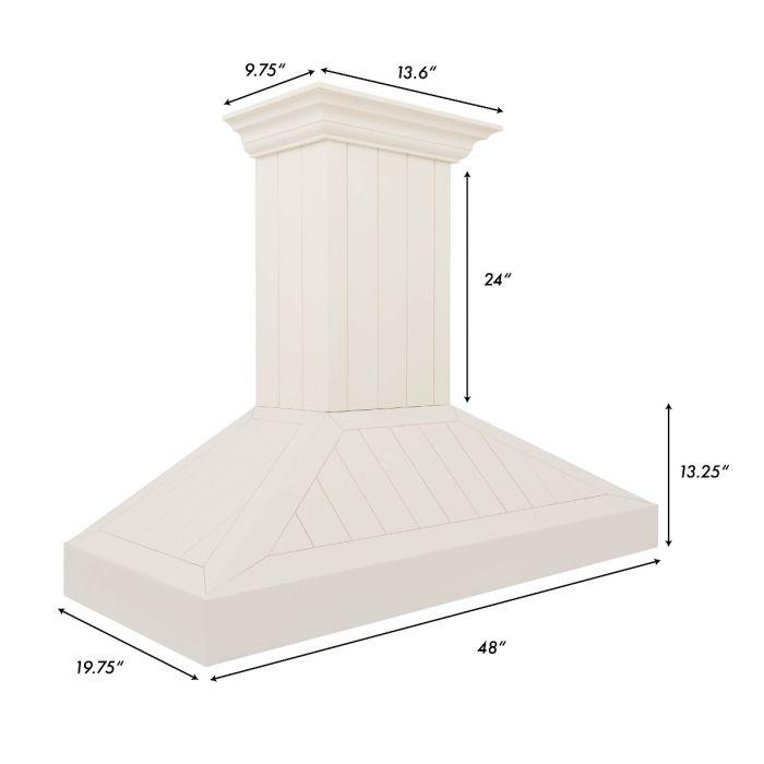 Cottage white wall-mount range hood dimensions diagram: 48 in wide