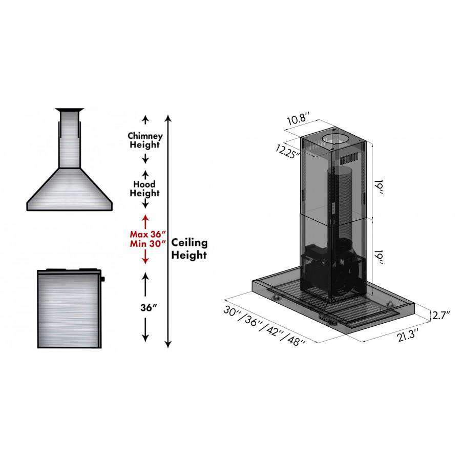 Island range hood dimension diagram showing hood height and chimney measurements
