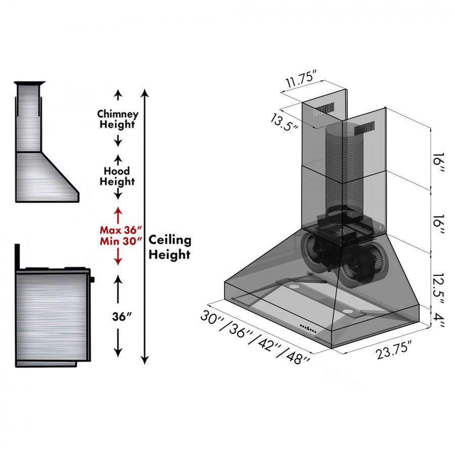 Dimension diagram of ducted wall mount range hood with chimney and hood measurements
