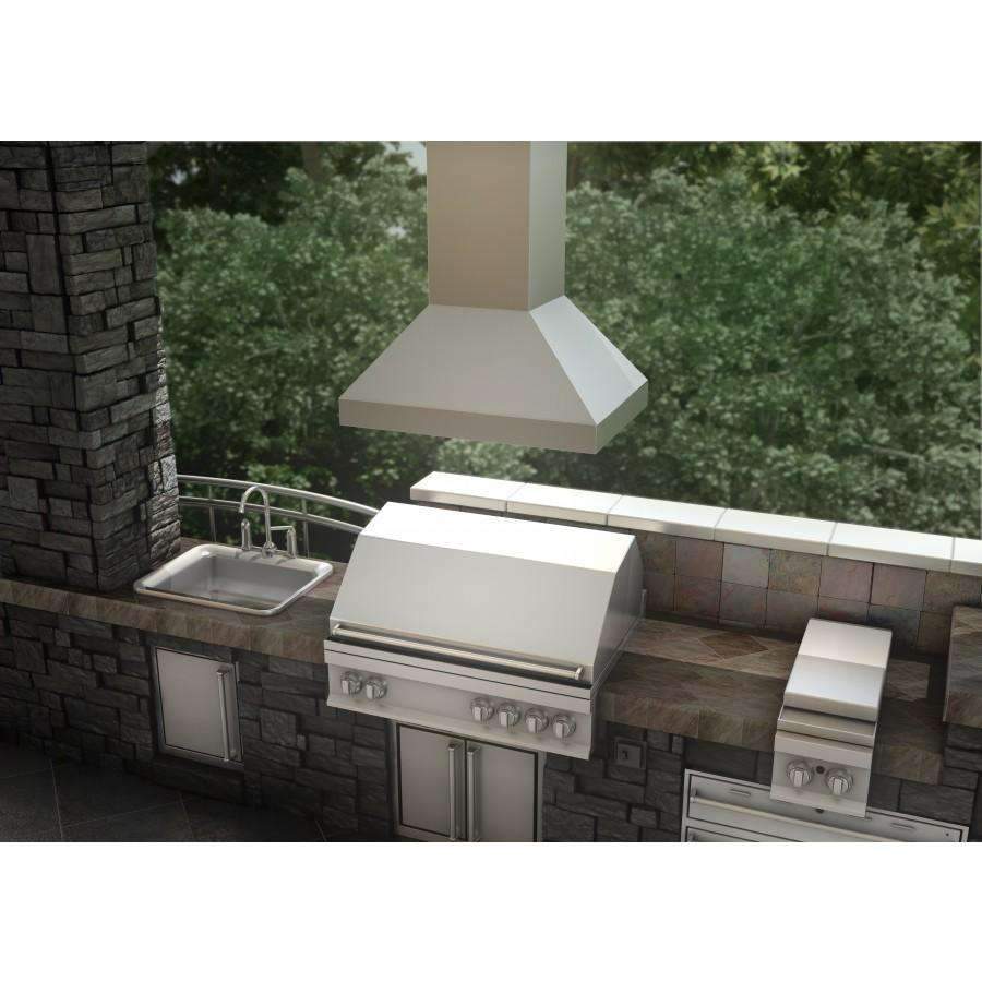 Stainless steel island range hood above outdoor kitchen countertop