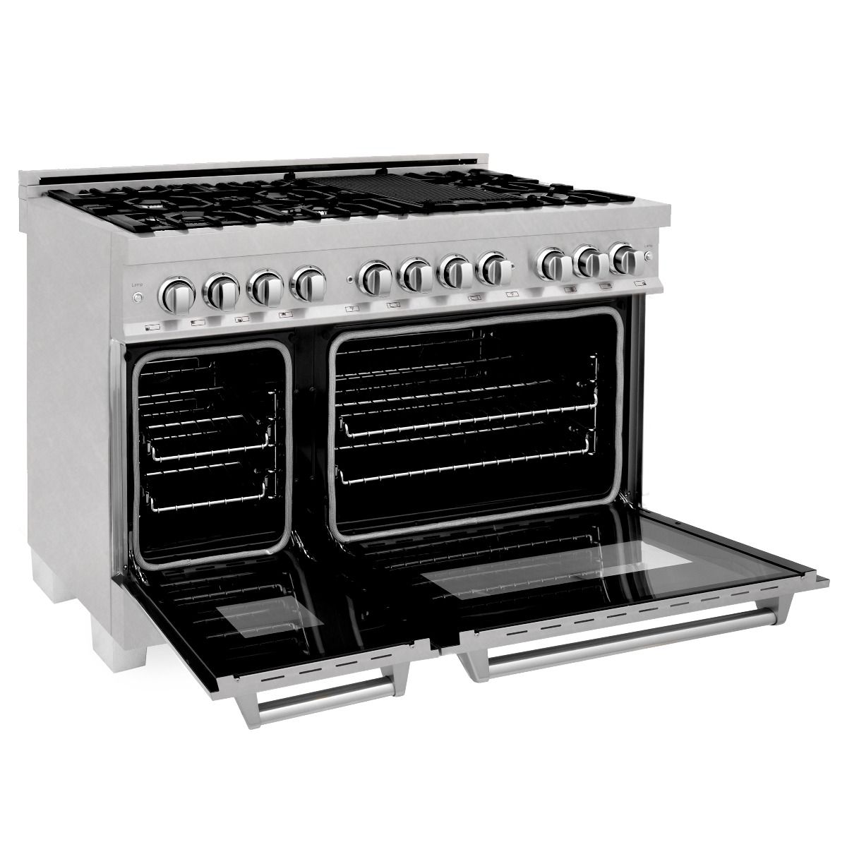 Stainless steel dual fuel range with open oven doors and black glass windows