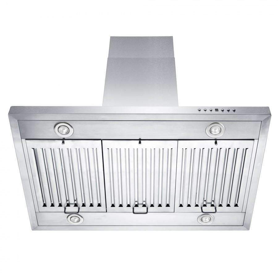 Stainless steel island range hood front with vent grille and control buttons