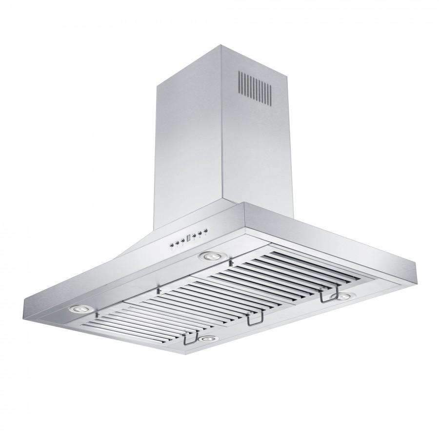 Stainless steel island range hood vent grille with circular filters and controls
